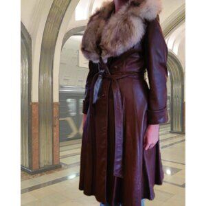 Leather trench coat with real fur trim - vintage 1960s